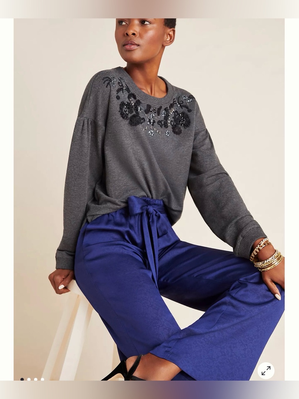 Anthropologie Embellished Floral Beaded Gray Sweatshirt Pullover